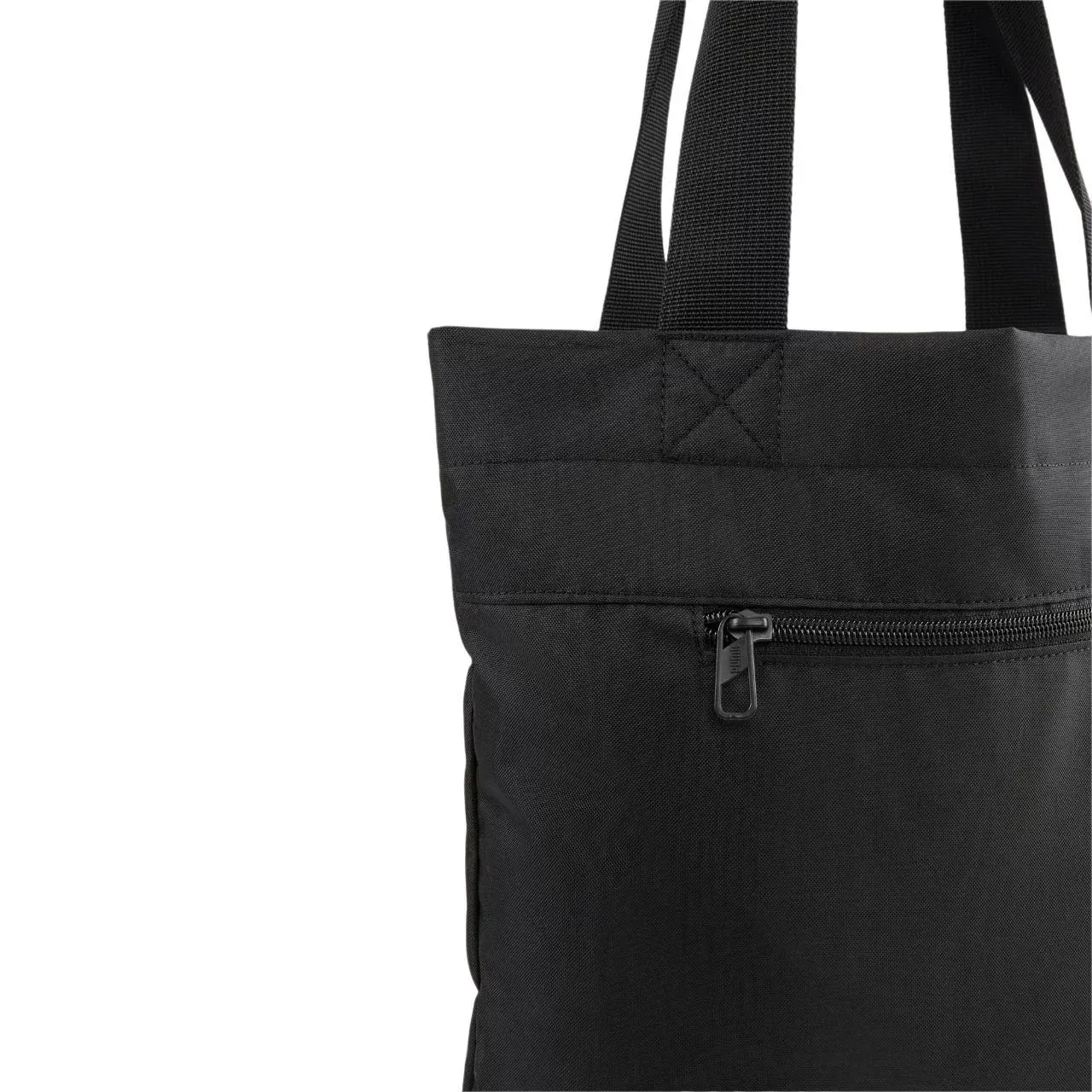 Detalhe do bolso frontal com zíper e alças reforçadas da bolsa Puma preta